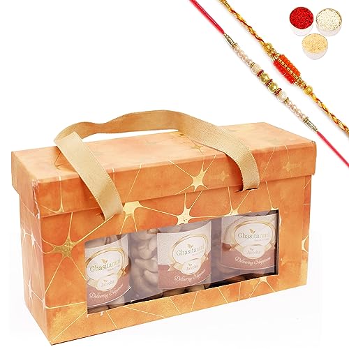Ghasitaram Gifts Jaiccha Rakhi Gifts for Brothers - 3 jars Orange Box with assorted nuts with 2 Rakhis von Jaiccha