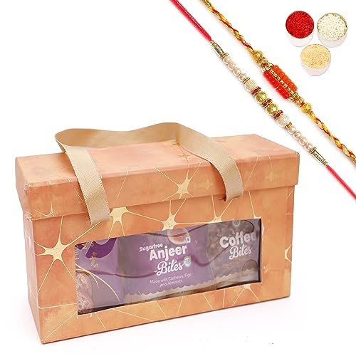 Ghasitaram Gifts Jaiccha Rakhi Gifts for Brothers - 6 jars Orange Box with bites and cookies with 2 Rakhis von Jaiccha