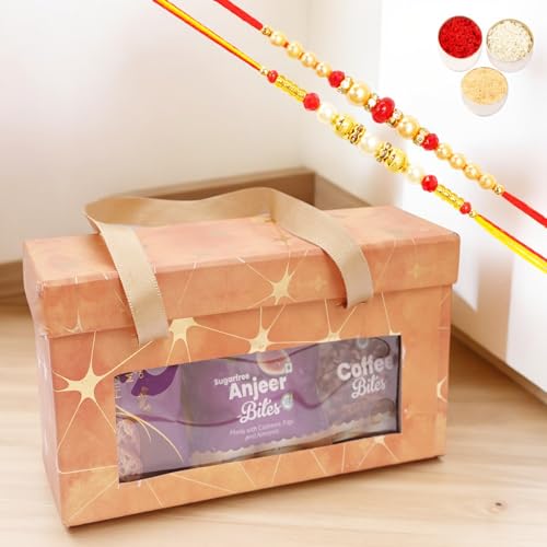 Ghasitaram Gifts Jaiccha Rakhi Gifts for Brothers - 6 jars Orange Box with bites and cookies with 2 Rakhis von Jaiccha