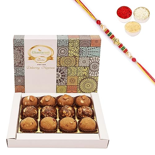 Ghasitaram Gifts Jaiccha Rakhi Gifts for Brothers - Assorted laddoos Box 12 Pcs with Pearl Beads Rakhi von Jaiccha