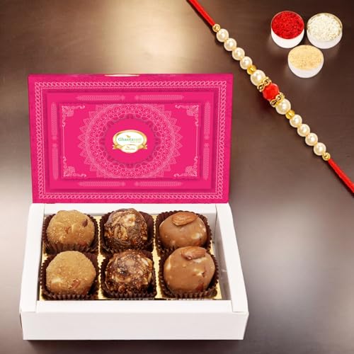 Ghasitaram Gifts Jaiccha Rakhi Gifts for Brothers - Assorted laddoos Box 6 Pcs with Pearl Beads Rakhi von Jaiccha