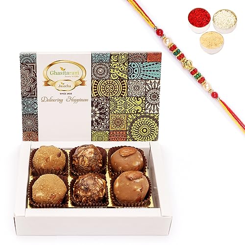 Ghasitaram Gifts Jaiccha Rakhi Gifts for Brothers - Assorted laddoos Box 6 Pcs with Pearl Beads Rakhi von Jaiccha