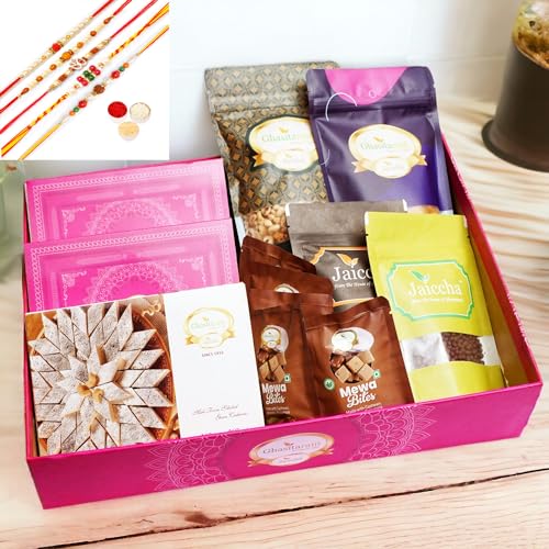 Ghasitaram Gifts Jaiccha Rakhi Gifts for Brothers-Big Hamper Basket of 12 Best Goodies with 5 rakhis von Jaiccha