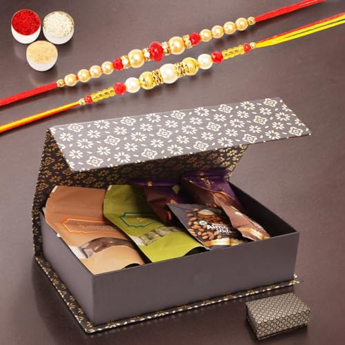 Ghasitaram Gifts Jaiccha Rakhi Gifts for Brothers - Black Gift Box with bites and cookies with 2 Rakhis von Jaiccha