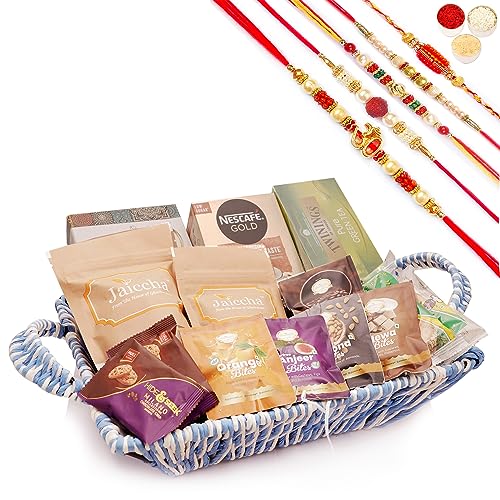 Ghasitaram Gifts Jaiccha Rakhi Gifts for Brothers - Blue Recatangle Jute Basket of 20 Goodies with Milk cake with 5 Rakhis von Jaiccha