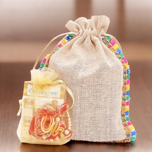 Ghasitaram Gifts Jaiccha Rakhi Gifts for Brothers - Colourful Jute Rakhi Pouch with Almonds with 2 Rakhis von Jaiccha