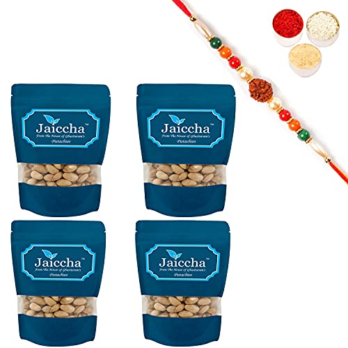 Ghasitaram Gifts Jaiccha Rakhi Gifts for Brothers Dryfruits - Afgani Pistachios 200 GMS in White Paper Pouch with Rudraksh Rakhi von Jaiccha