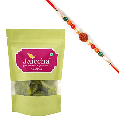 Ghasitaram Gifts Jaiccha Rakhi Gifts for Brothers Dryfruits - Dried Kiwi 200 GMS in Green Paper Pouch with Rudraksh Rakhi Ghasitaram Gifts Jaiccha Rakhi Gifts for Brothers Dryfruits - Dried Kiwi 200 GMS in Green Paper Pouch with Rudraksh Rakhi von Jaiccha