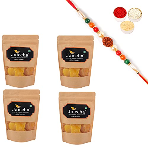 Ghasitaram Gifts Jaiccha Rakhi Gifts for Brothers Dryfruits - Dried Mango 200 GMS in Brown Paper Pouch with Rudraksh Rakhi von Jaiccha