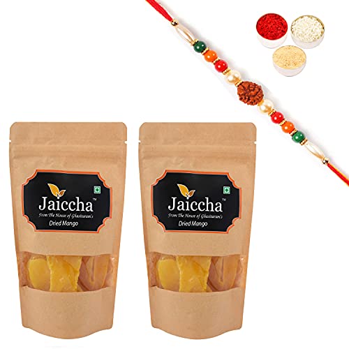 Ghasitaram Gifts Jaiccha Rakhi Gifts for Brothers Dryfruits - Dried Mango 400 GMS in Brown Paper Pouch with Rudraksh Rakhi von Jaiccha