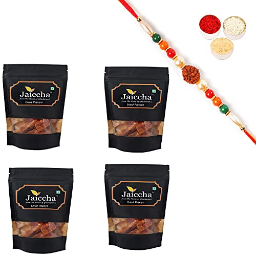 Ghasitaram Gifts Jaiccha Rakhi Gifts for Brothers Dryfruits - Dried Papaya 200 GMS in Black Paper Pouch with Rudraksh Rakhi von Jaiccha