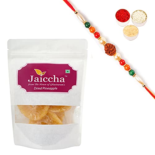 Ghasitaram Gifts Jaiccha Rakhi Gifts for Brothers Dryfruits - Dried Pineapple 200 GMS in White Paper Pouch with Rudraksh Rakhi von Jaiccha