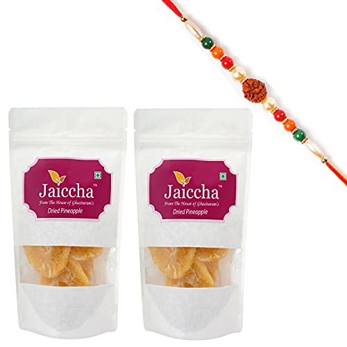 Ghasitaram Gifts Jaiccha Rakhi Gifts for Brothers Dryfruits - Dried Pineapple 400 GMS in White Paper Pouch with Rudraksh Rakhi von Jaiccha