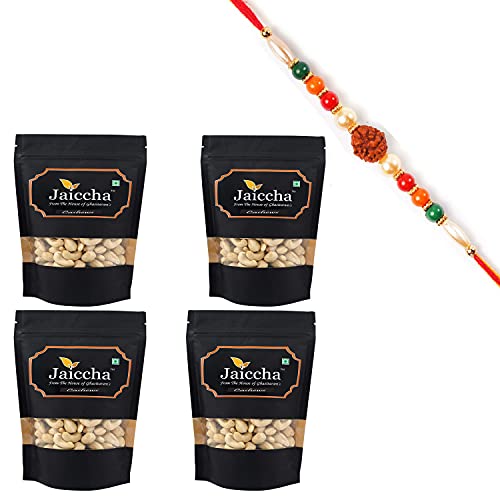 Ghasitaram Gifts Jaiccha Rakhi Gifts for Brothers Dryfruits - Goan Cashews 800 GMS in Black Paper Pouch with Rudraksh Rakhi von Jaiccha