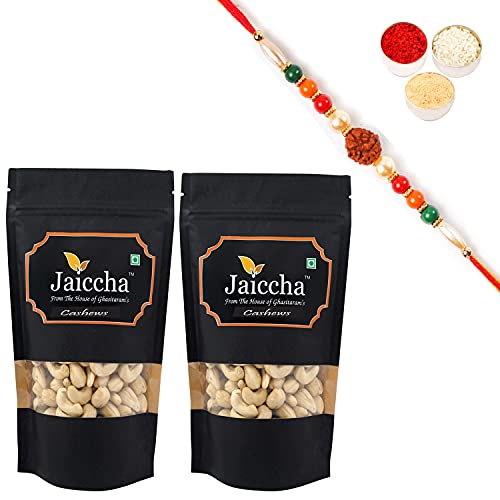 Ghasitaram Gifts Jaiccha Rakhi Gifts for Brothers Dryfruits - Goan Cashews 400 GMS in Black Paper Pouch with Rudraksh Rakhi von Jaiccha