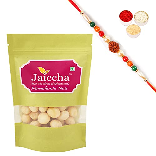 Ghasitaram Gifts Jaiccha Rakhi Gifts for Brothers Dryfruits - Macadamia Nuts 200 GMS in Green Paper Pouch with Rudraksh Rakhi von Jaiccha