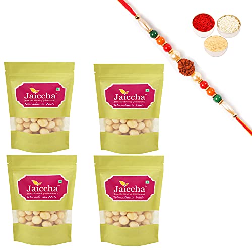 Ghasitaram Gifts Jaiccha Rakhi Gifts for Brothers Dryfruits - Macadamia Nuts 800 GMS in Green Paper Pouch with Rudraksh Rakhi Ghasitaram Gifts Jaiccha Rakhi Gifts for Brothers Dryfruits - Macadamia Nuts 800 GMS in Green Paper Pouch with Rudraksh Rakhi von Jaiccha