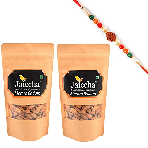 Ghasitaram Gifts Jaiccha Rakhi Gifts for Brothers Dryfruits - Mamra Badam 200 GMS in Brown Paper Pouch with Rudraksh Rakhi von Jaiccha