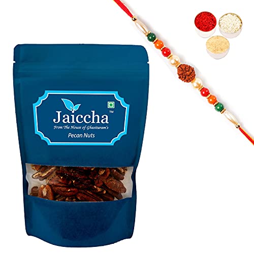 Ghasitaram Gifts Jaiccha Rakhi Gifts for Brothers Dryfruits - Pecan Nuts 200 GMS in White Paper Pouch with Rudraksh Rakhi von Jaiccha