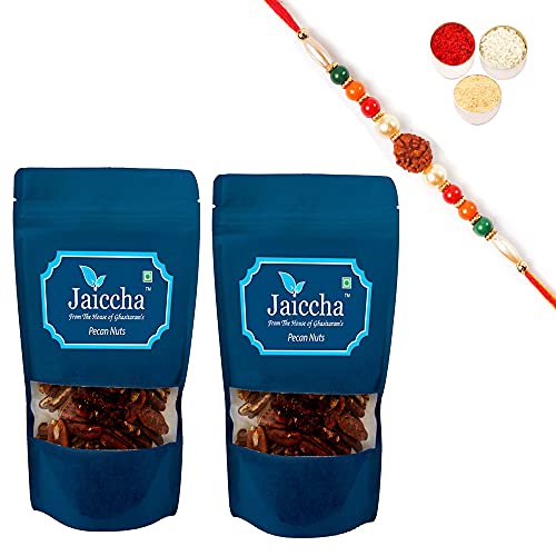 Ghasitaram Gifts Jaiccha Rakhi Gifts for Brothers Dryfruits - Pecan Nuts 400 GMS in White Paper Pouch with Rudraksh Rakhi von Jaiccha