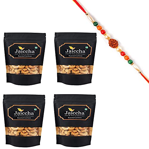 Ghasitaram Gifts Jaiccha Rakhi Gifts for Brothers Dryfruits - Roasted Salted Cashews 800 GMS in Black Paper Pouch with Rudraksh Rakhi von Jaiccha