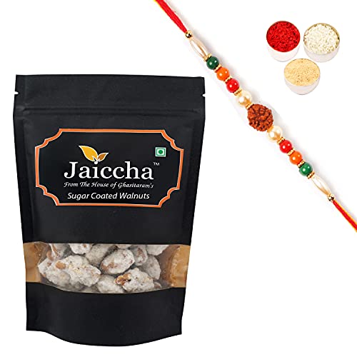 Ghasitaram Gifts Jaiccha Rakhi Gifts for Brothers Dryfruits - Sugar Coated Walnuts 200 GMS in Black Paper Pouch with Rudraksh Rakhi Ghasitaram Gifts Jaiccha Rakhi Gifts for Brothers Dryfruits - Sugar Coated Walnuts 200 GMS in Black Paper Pouch with Rudraksh Rakhi von Jaiccha