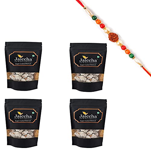 Ghasitaram Gifts Jaiccha Rakhi Gifts for Brothers Dryfruits - Sugar Coated Walnuts 800 GMS in Black Paper Pouch with Rudraksh Rakhi von Jaiccha