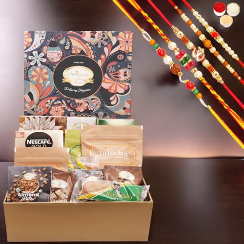 Ghasitaram Gifts Jaiccha Rakhi Gifts for Brothers - Ghasitaram Big Hamper Box of assorted Goodies with kaju katli with 5 Rakhis von Jaiccha