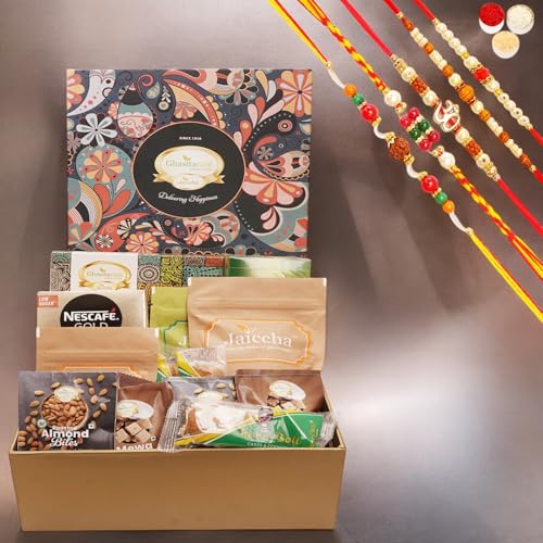 Ghasitaram Gifts Jaiccha Rakhi Gifts for Brothers - Ghasitaram Big Hamper Box of assorted Goodies with milk cake with 5 Rakhis von Jaiccha