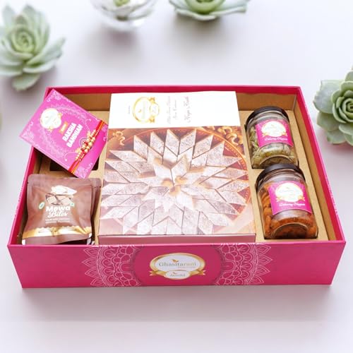Ghasitaram Gifts Jaiccha Rakhi Gifts for Brothers Big Hamper Tray with Kaju Katli, 2 rakhis, card, Mixed Dryfruit, Flavour Raisins Jar and Mewa Bites Pouches Ghasitaram Gifts Jaiccha Rakhi Gifts for Brothers Big Hamper Tray with Kaju Katli, 2 rakhis, card, Mixed Dryfruit, Flavour Raisins Jar and Mewa Bites Pouches von Jaiccha