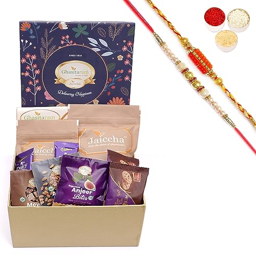 Ghasitaram Gifts Jaiccha Rakhi Gifts for Brothers - Ghasitaram Hamper Box with Sweets with besan barfi with 2 Rakhis von Jaiccha