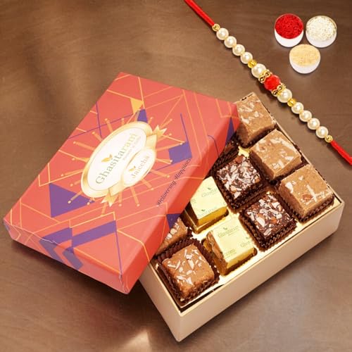 Ghasitaram Gifts Jaiccha Rakhi Gifts for Brothers - Ghasitaram Special Barfis Box 12 pcs in a Premium Box with Pearl Beads Rakhi von Jaiccha