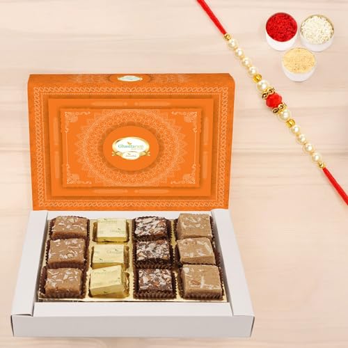 Ghasitaram Gifts Jaiccha Rakhi Gifts for Brothers - Ghasitaram Special Barfis Box 12 pcs with Pearl Beads Rakhi von Jaiccha