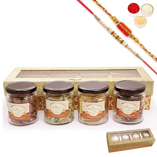Ghasitaram Gifts Jaiccha Rakhi Gifts for Brothers - Golden Box of 4 Jars with bites with 2 Rakhis von Jaiccha