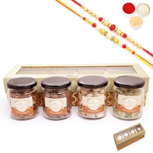 Ghasitaram Gifts Jaiccha Rakhi Gifts for Brothers - Golden Box of 4 Jars with mukhwas with 2 Rakhis von Jaiccha