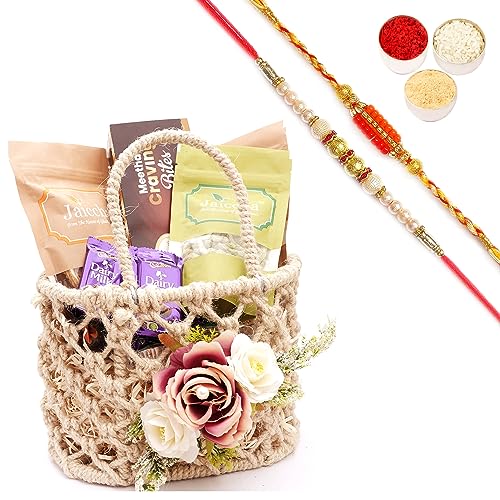 Ghasitaram Gifts Jaiccha Rakhi Gifts for Brothers - Jute Flower Basket with Dryfruit Bites Box with 2 Rakhis von Jaiccha