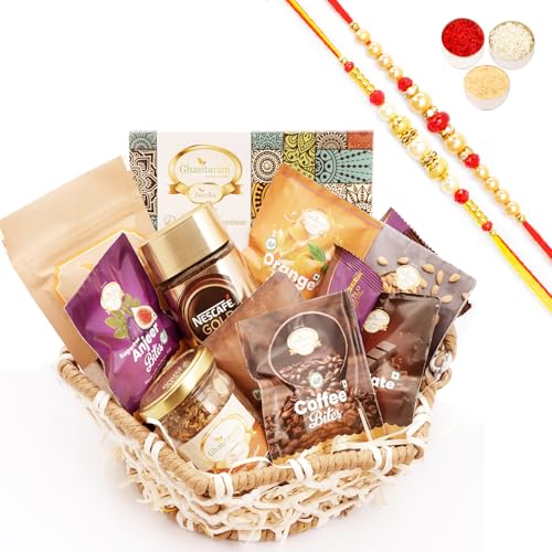 Ghasitaram Gifts Jaiccha Rakhi Gifts for Brothers - Jute Hexagon Basket with bites and Milk Cake with 2 Rakhis von Jaiccha