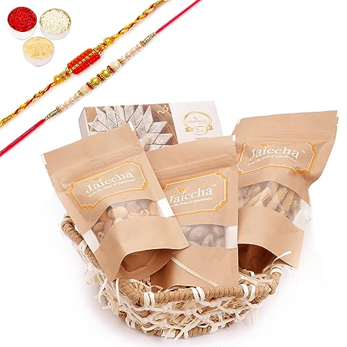 Ghasitaram Gifts Jaiccha Rakhi Gifts for Brothers - Jute Hexagon Basket with kaju Katli with 2 Rakhis von Jaiccha