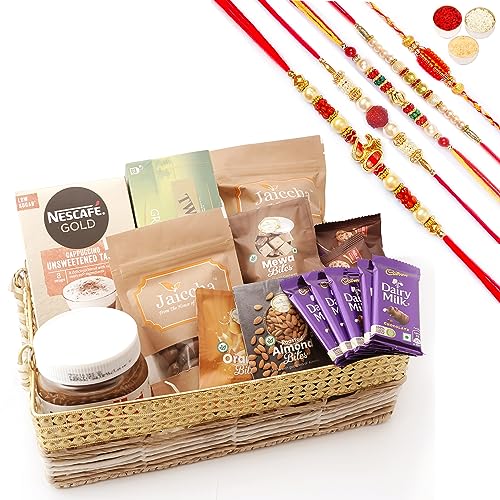 Ghasitaram Gifts Jaiccha Rakhi Gifts for Brothers - Jute Metal Rectangle Basket with 20 Assorted Goodies with 5 Rakhis von Jaiccha