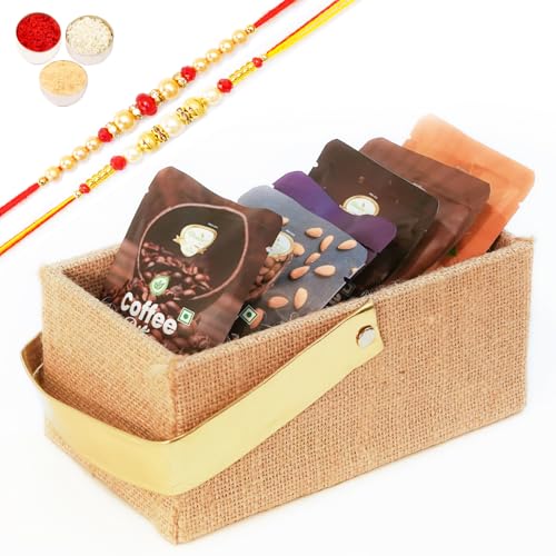 Ghasitaram Gifts Jaiccha Rakhi Gifts for Brothers - Jute Small tray of Assorted Bites and cookies with 2 Rakhis von Jaiccha