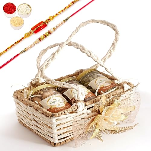 Ghasitaram Gifts Jaiccha Rakhi Gifts for Brothers - Jute small basket with flower 3 jars with 2 Rakhis von Jaiccha