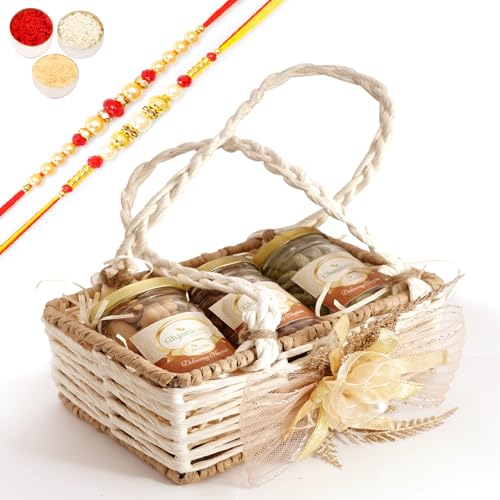 Ghasitaram Gifts Jaiccha Rakhi Gifts for Brothers - Jute small basket with flower 3 jars with 2 Rakhis von Jaiccha