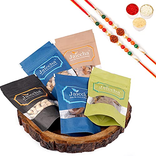 Ghasitaram Gifts Jaiccha Rakhi Gifts for Brothers Log Platter of 5 Dryfruits with 2 Rudraksh Rakhis von Jaiccha