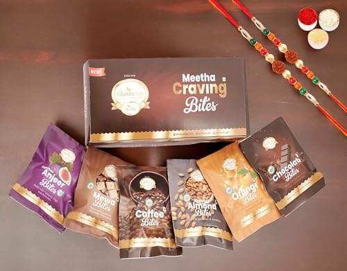 Ghasitaram Gifts Jaiccha Rakhi Gifts for Brothers - Meetha Craving Bites Box with 2 rudraksh Rakhis von Jaiccha