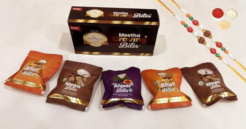 Ghasitaram Gifts Jaiccha Rakhi Gifts for Brothers - Meetha Craving Bites Box with 2 rudraksh Rakhis von Jaiccha