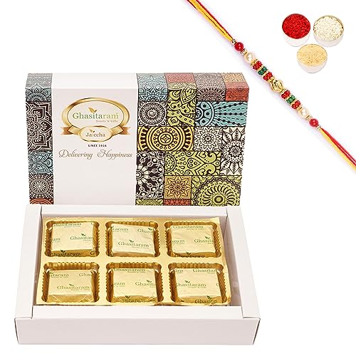 Ghasitaram Gifts Jaiccha Rakhi Gifts for Brothers - Mewa Bites Box 6 Pcs with Pearl Beads Rakhi Ghasitaram Gifts Jaiccha Rakhi Gifts for Brothers - Mewa Bites Box 6 Pcs with Pearl Beads Rakhi von Jaiccha