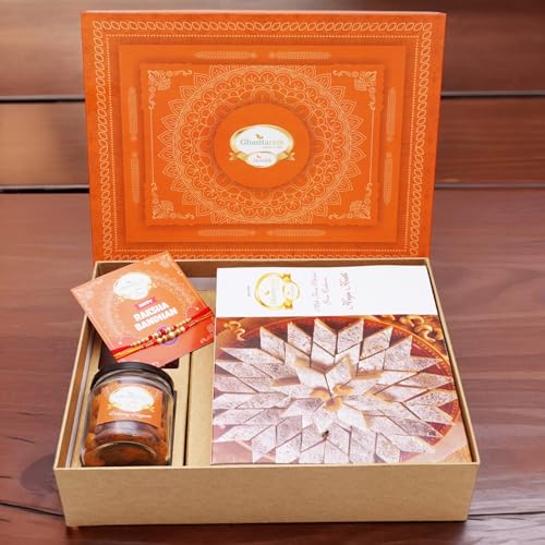 Ghasitaram Gifts Jaiccha Rakhi Gifts for Brothers Orange Hamper Box with Kaju Katli, 2 Rakhis, Card, and Mixed Dryfruit Jar Ghasitaram Gifts Jaiccha Rakhi Gifts for Brothers Orange Hamper Box with Kaju Katli, 2 Rakhis, Card, and Mixed Dryfruit Jar von Jaiccha