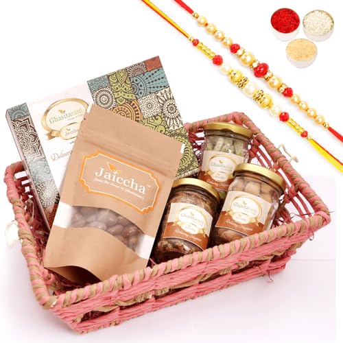 Ghasitaram Gifts Jaiccha Rakhi Gifts for Brothers - Pink Rectangle Jute Basket with Milk Cake with 2 Rakhis von Jaiccha