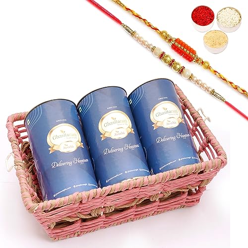 Ghasitaram Gifts Jaiccha Rakhi Gifts for Brothers - Pink Rectangle Jute Basket with cans with 2 Rakhis von Jaiccha