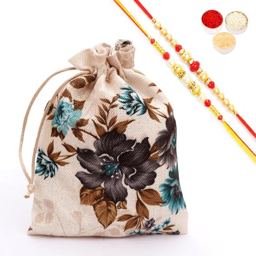 Ghasitaram Gifts Jaiccha Rakhi Gifts for Brothers - Printed Jute Pouch with Bites and Cookies with 2 Rakhis Ghasitaram Gifts Jaiccha Rakhi Gifts for Brothers - Printed Jute Pouch with Bites and Cookies with 2 Rakhis von Jaiccha